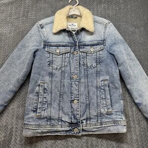 Hollister‎ Sherpa Lined Denim Trucker Jacket Women's XS Blue Faux Shearling Jean